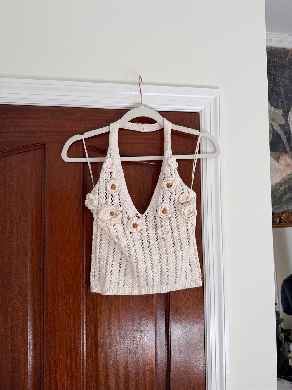 Crochet Halter Tank Top with Flower Appliques - Cream